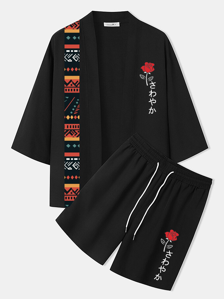 Mens Japanese Rose Geometric Print Loose Kimono Two Pieces Outfits