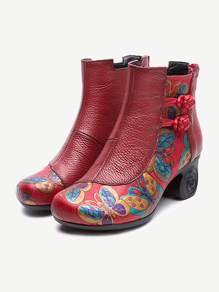 Women Retro Handmade Genuine Leather Flower Chunky Heel Boots