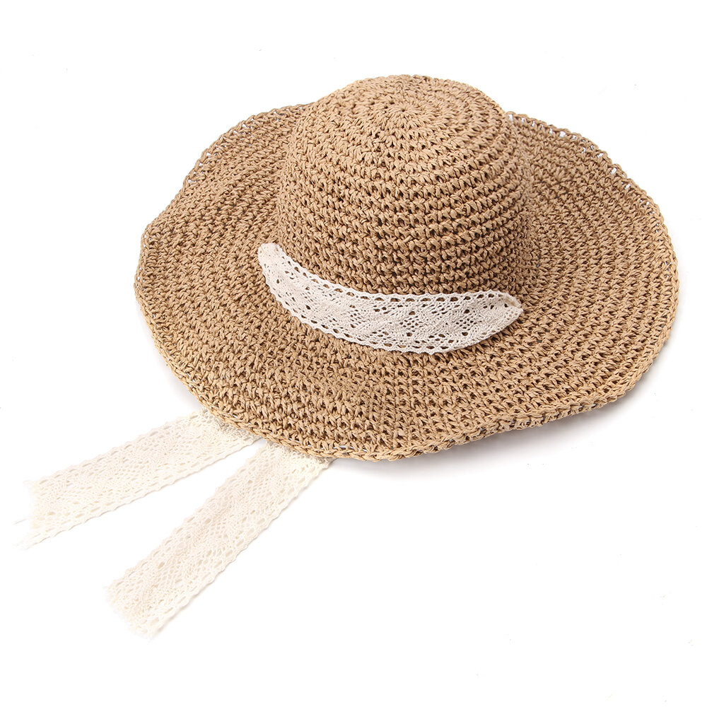 

Women Foldable Lace Tie Handmade Straw Hat Sunscreen Travel Beach Sea Hat, Light coffe;beige