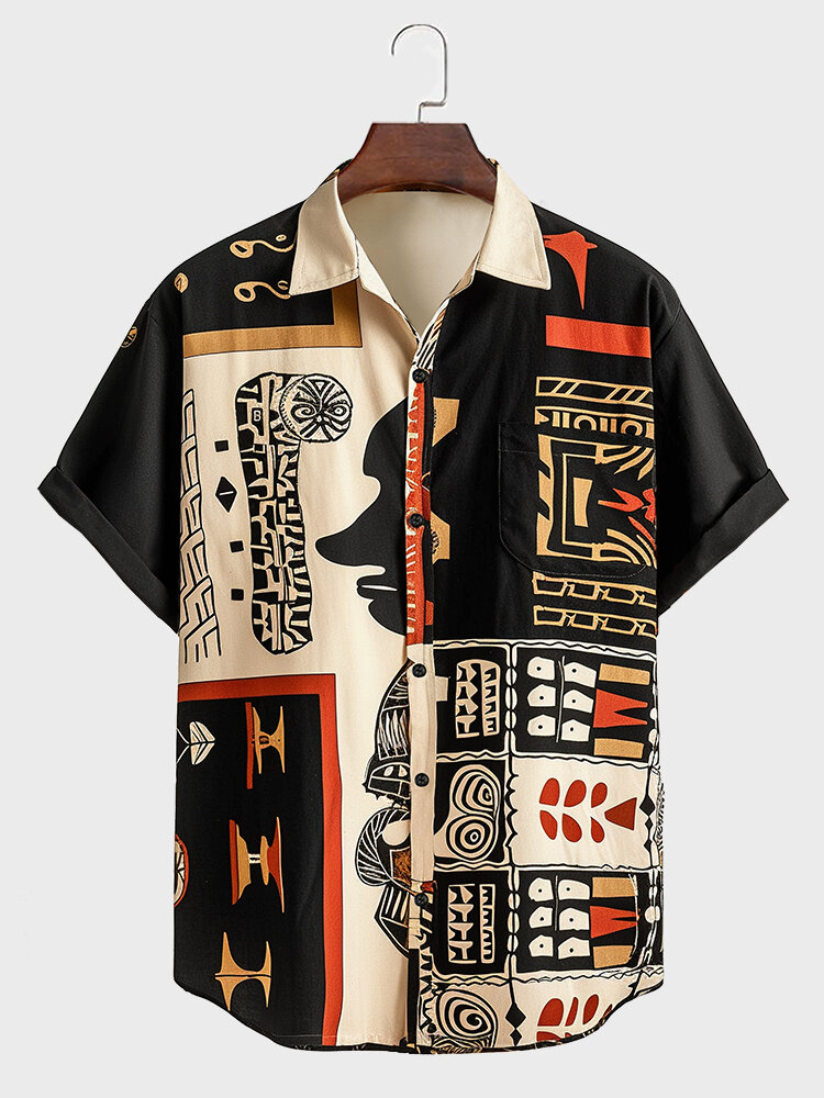 

Mens Ethnic Totem Geometric Print Patchwork Lapel Short Sleeve Shirts, Apricot