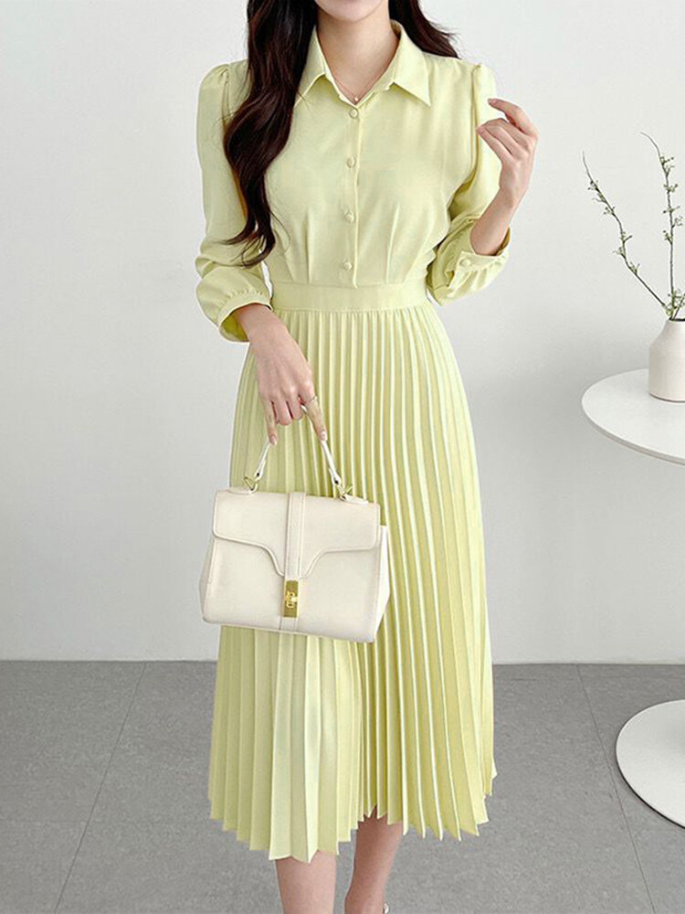 Solid Pleated Lapel Collar Front Buttons Graceful Midi Dress