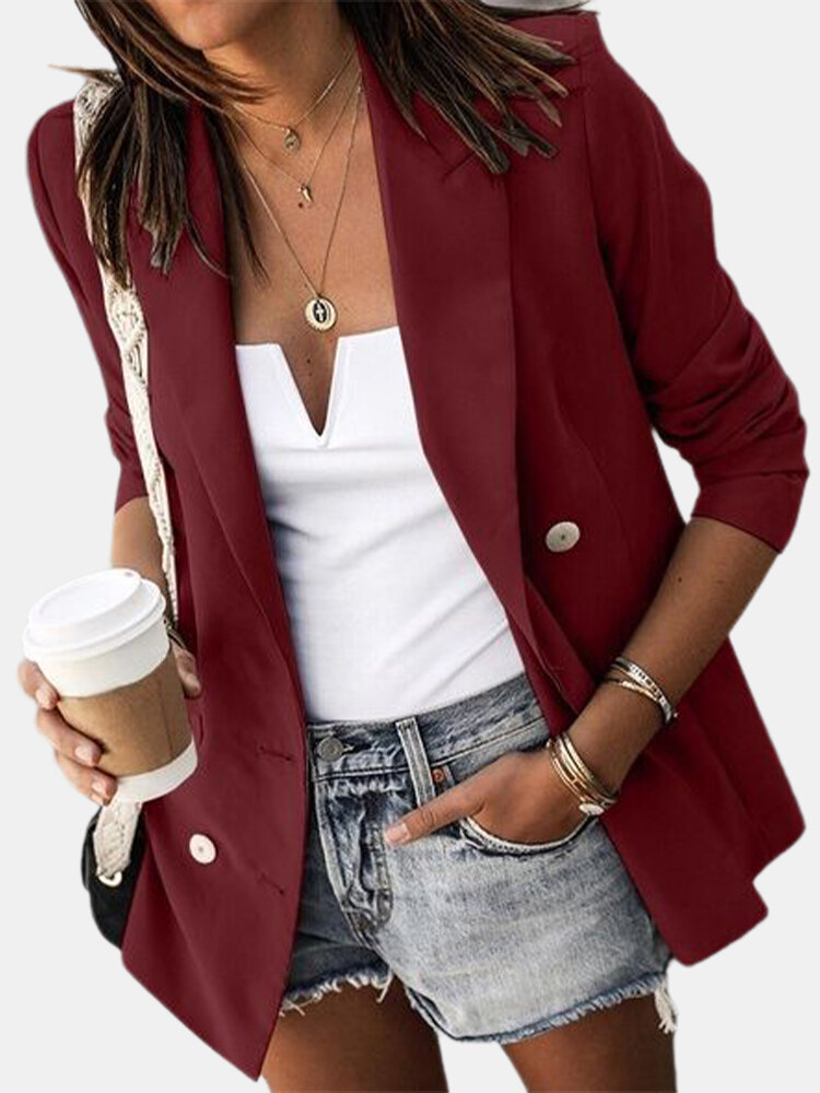 Solid Color Long Sleeve Breasted Blazer With Pocket