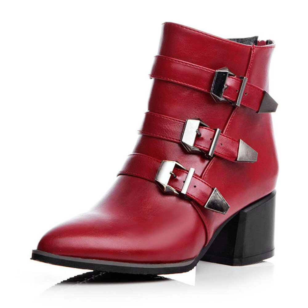 Pointed Toe Buckle Zipper Ankle Boots