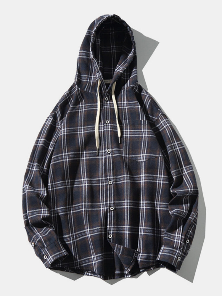 Mens Plaid Cotton Leisure Button Curved Hem Flannel Hooded Shirts