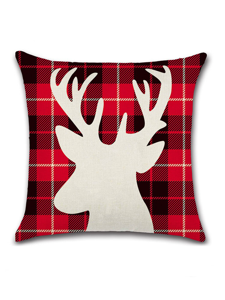 Classical Red Lattice Christmas Elk Series Linen Throw Pillow Case Home Sofa Cushion Cover Decor