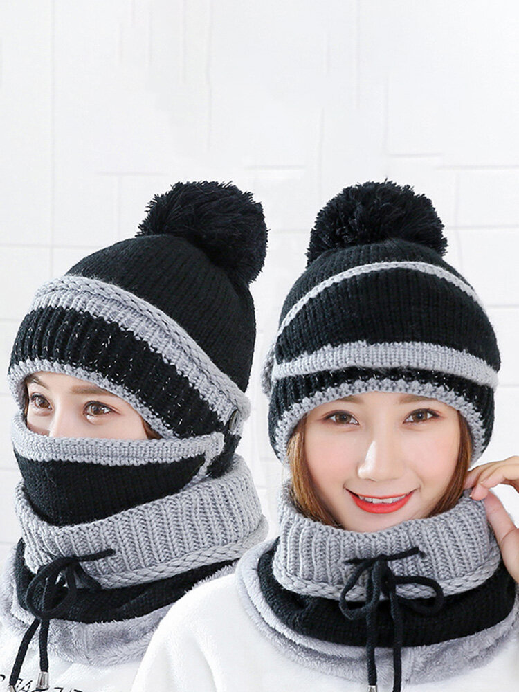 Women Winter Thick Plush Warm Knit Beanie Hat Masks Scarf Set Outdoor Ski Windproof Ear Cover Hat
