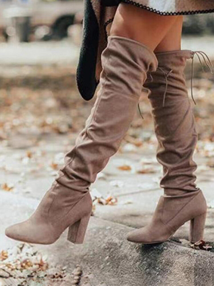 Plus Size Comfy Suede Lace-up Womens Elegant Over The Knee Heeled Boots
