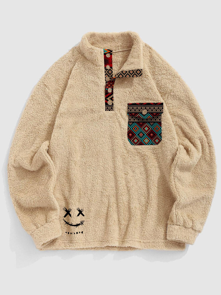 Mens Smile Ethnic Geometric Print Flap Pocket Plush Pullover Sweatshirts Winter