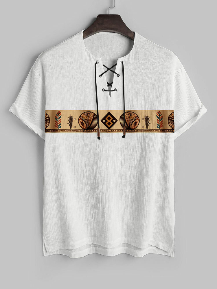 Herren-T-Shirts mit ethnischem Muster, Schnürung, Textur und hohem, niedrigem Saum