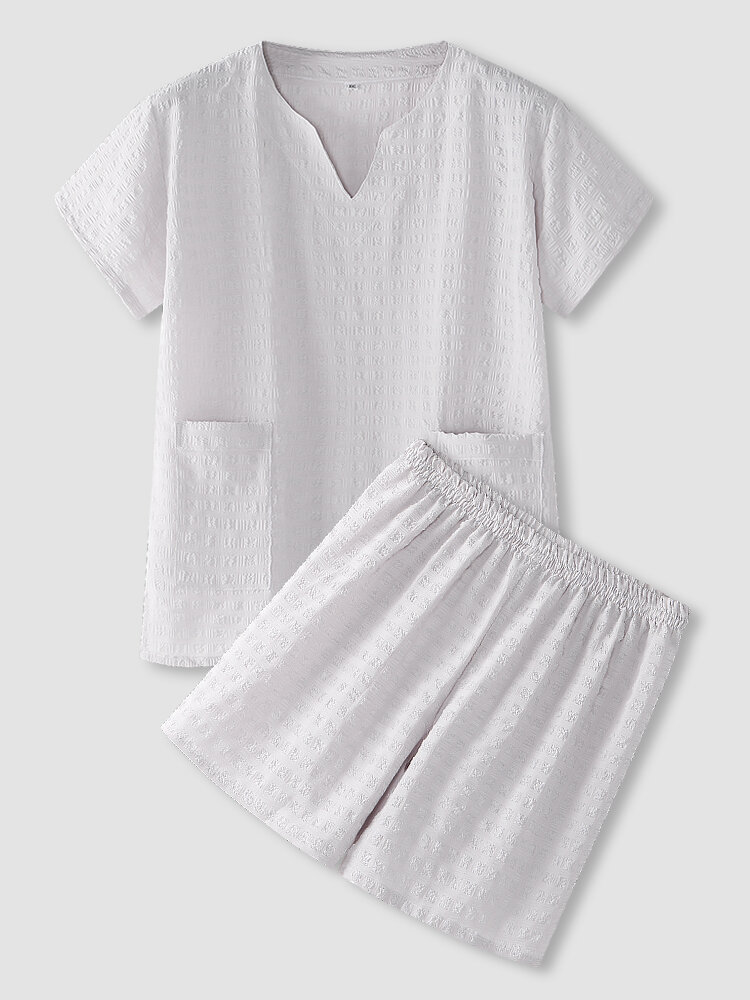 Mens Plain Double Pockets Checkered jacquard Short Sleeve Breathable Loungewear Home Massage Pajamas Sets