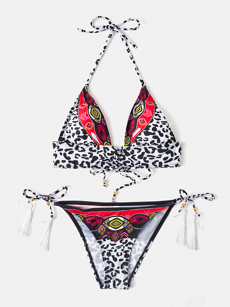 Women Leopard Print Triangle Halter Backless Sexy Bikinis Beachwear