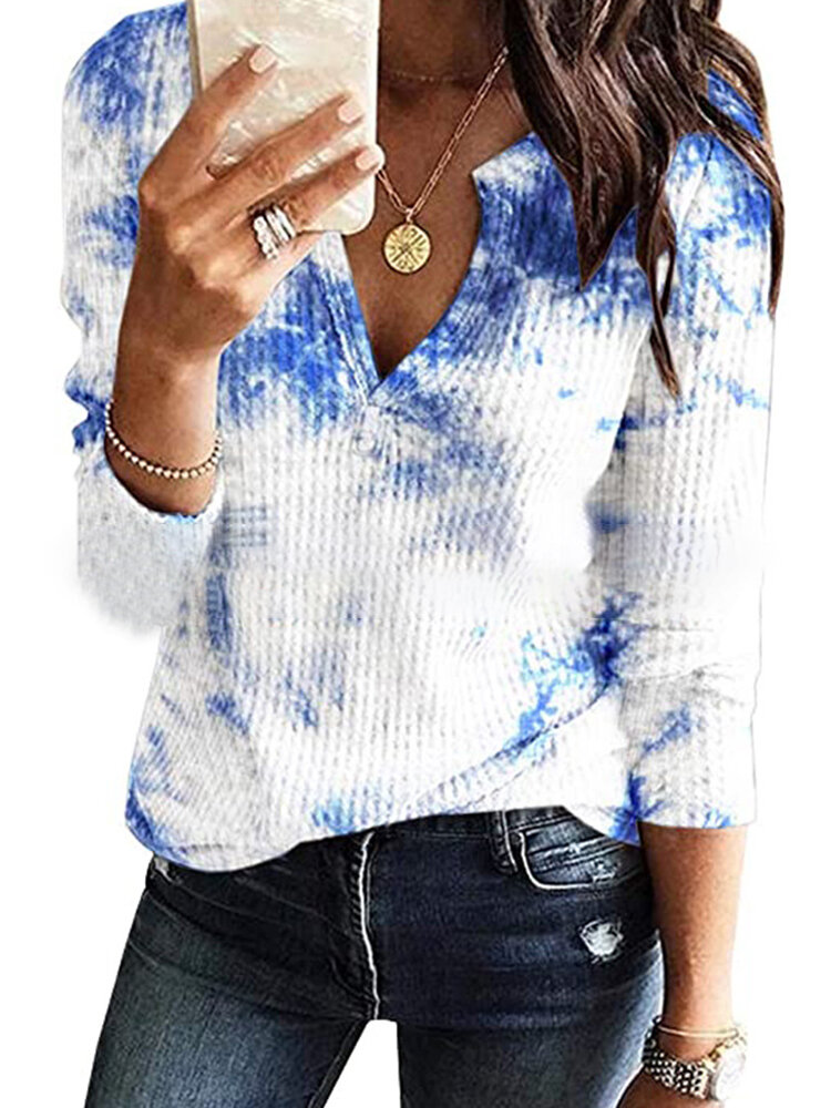 Tie-dye Long Sleeve Notched Neck T-shirt For Women