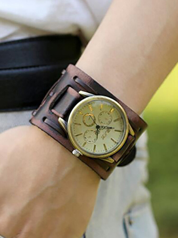 Vintage Cow Leather Bracelet Watch Adjustable Rivet Multi-Layer Unisex Quartz Watch