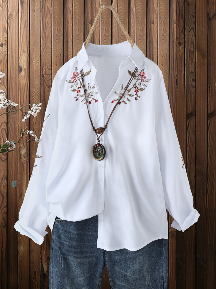 Flower Embroidery Button Front Plus Size Long Sleeve Shirt