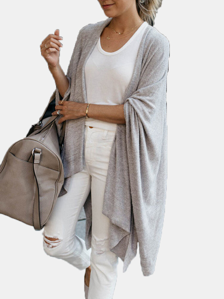 

Casual Solid Color Asymmetrical Plus Size Cardigan For Women, Grey;black;apricot