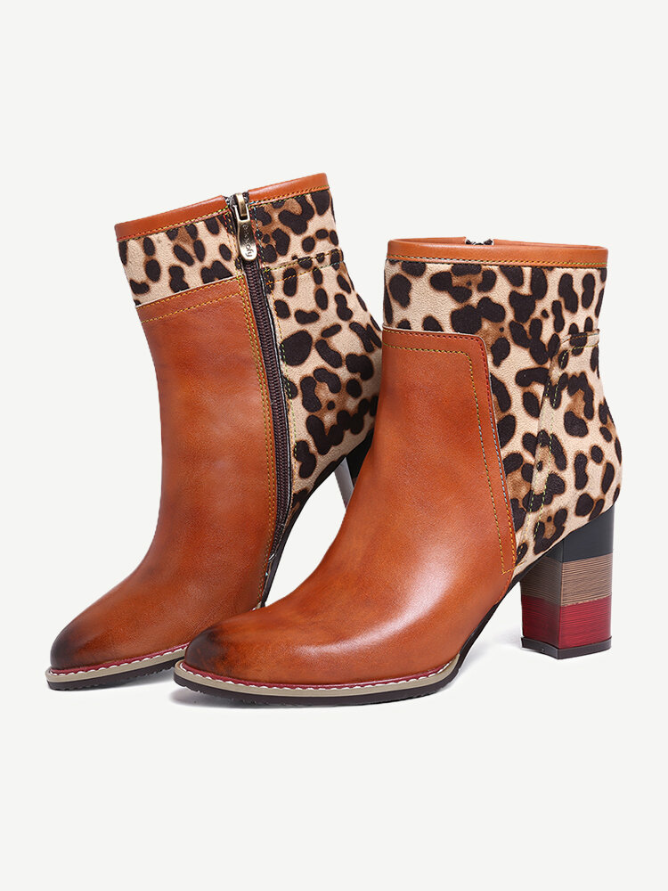 SOOCFY Leopard Pattern Splicing Genuine Leather High Square Heel Zipper Short Boots