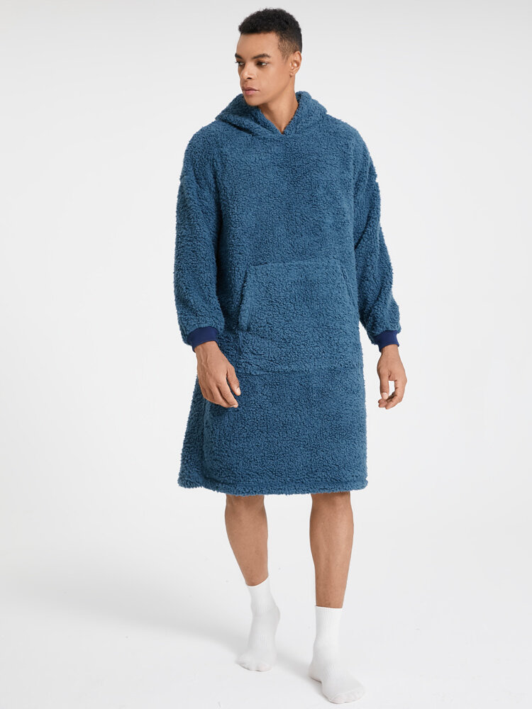 Mens Solid Color Kangaroo Pocket Plush Warm Oversized Blanket Hoodie Robe