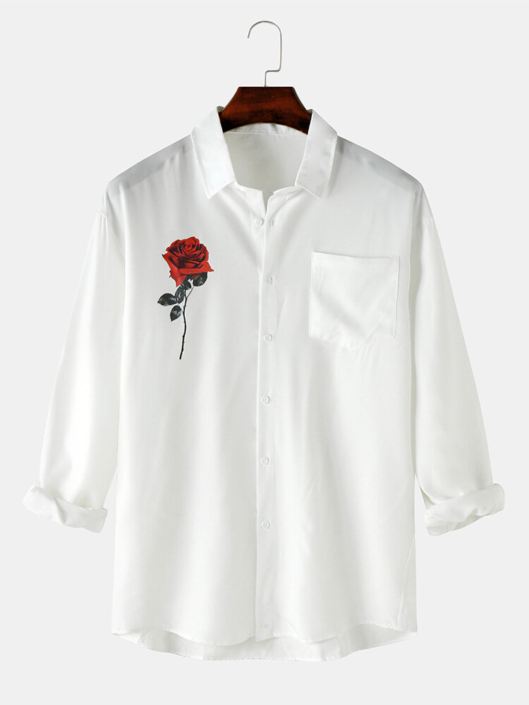 Mens Rose Print Lapel Casual Long Sleeve Shirts With Pocket