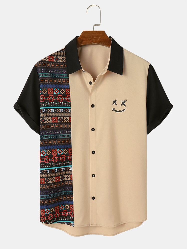 Mens Colorful Geometric Smile Face Print Patchwork Short Sleeve Shirts