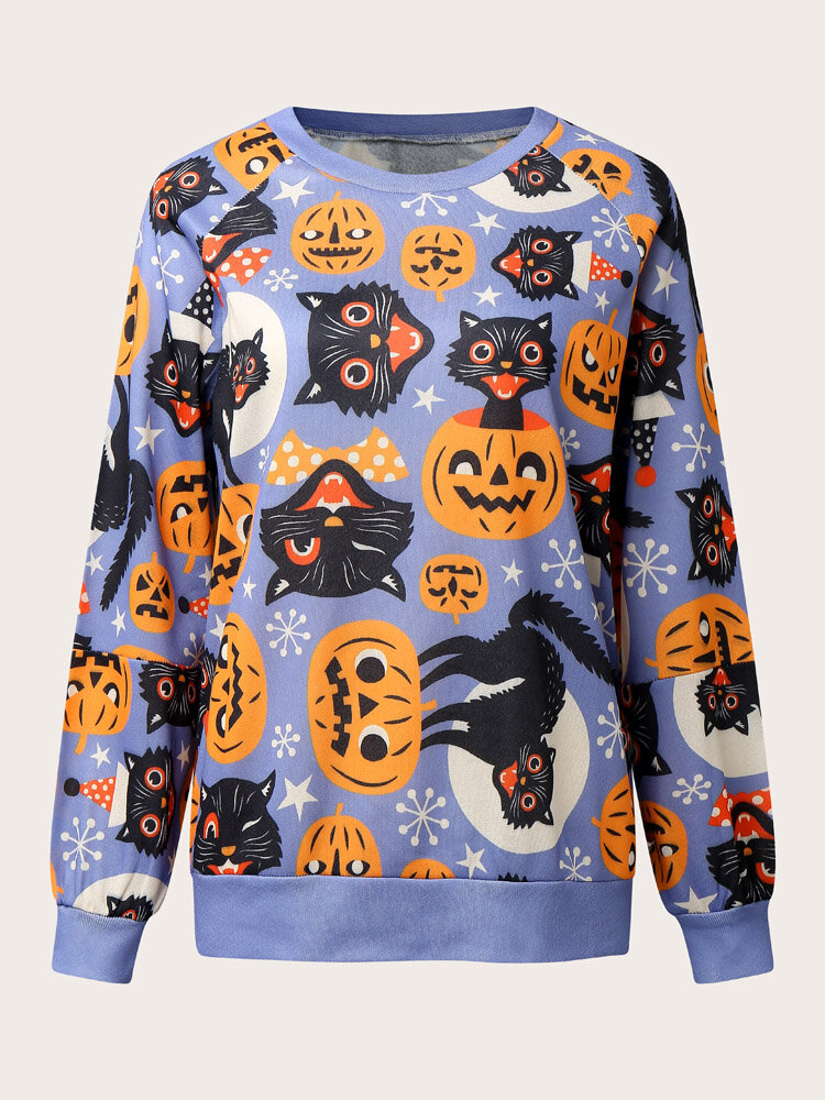 Plus Size Halloween Cartoon Pumpkin Print O-neck Sweatshirt