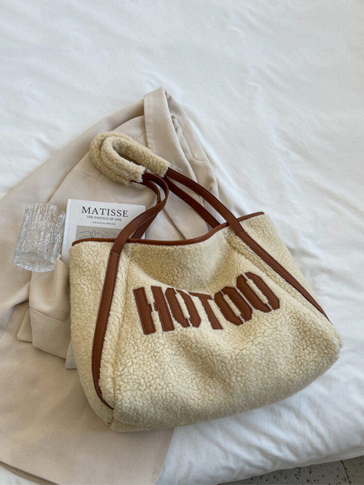 Women Plush Fashion Patchwork Letter Pattern Handbag Shoulder Bag Tote