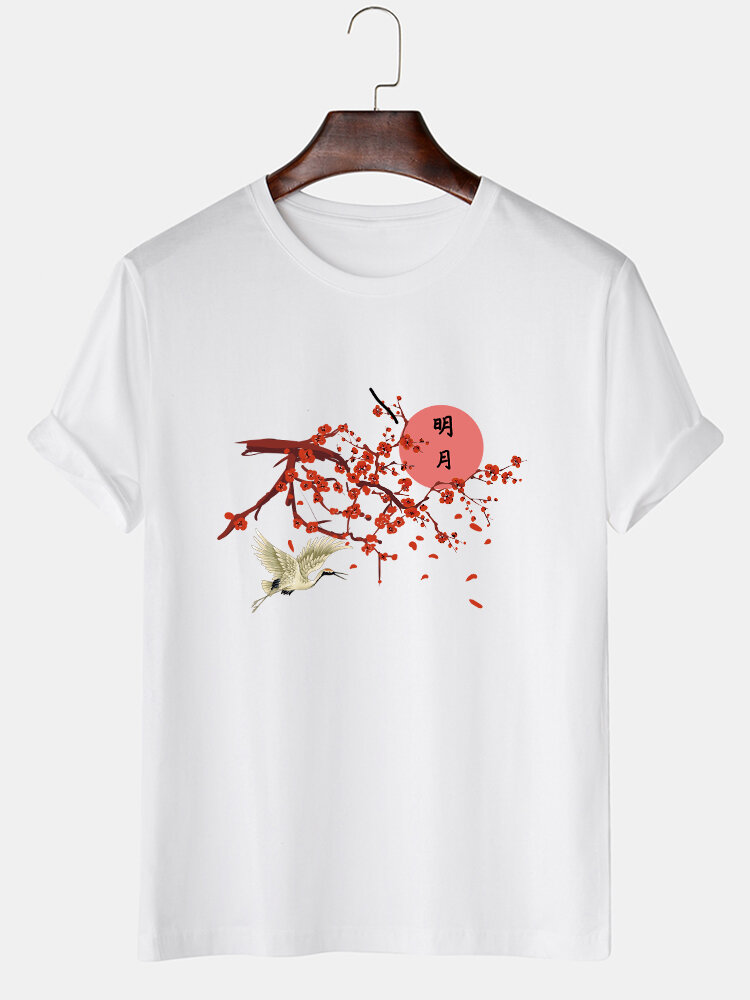

Red Plum Blossom & Crane Print T-Shirts, White;pink