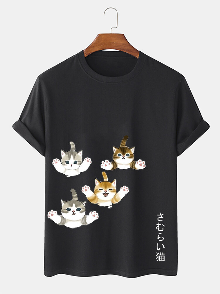Mens Cute Japanese Cat Print Crew Neck Short Sleeve T-Shirts Winter