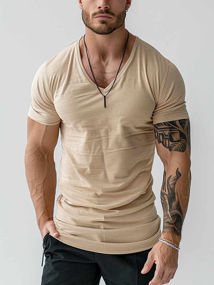

Mens Solid Casual V-neck Short Sleeve T-Shirts, Khaki