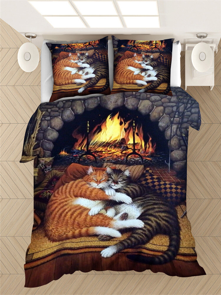 

2/3Pcs Sleeping Cats Pattern Comfy Bedding Duvet Cover Set Pillowcase Adults Bed Duvet Set Twin King
