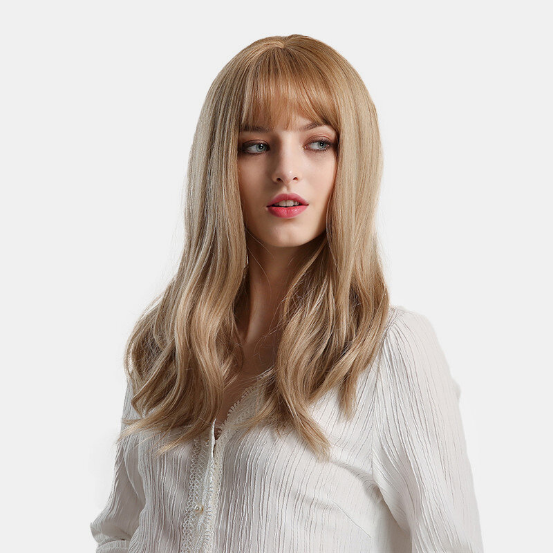 

22 inch Light Brown Long Lolita Synthetic Wigs with Neat Bangs Supple Fluffy Natural Wigs