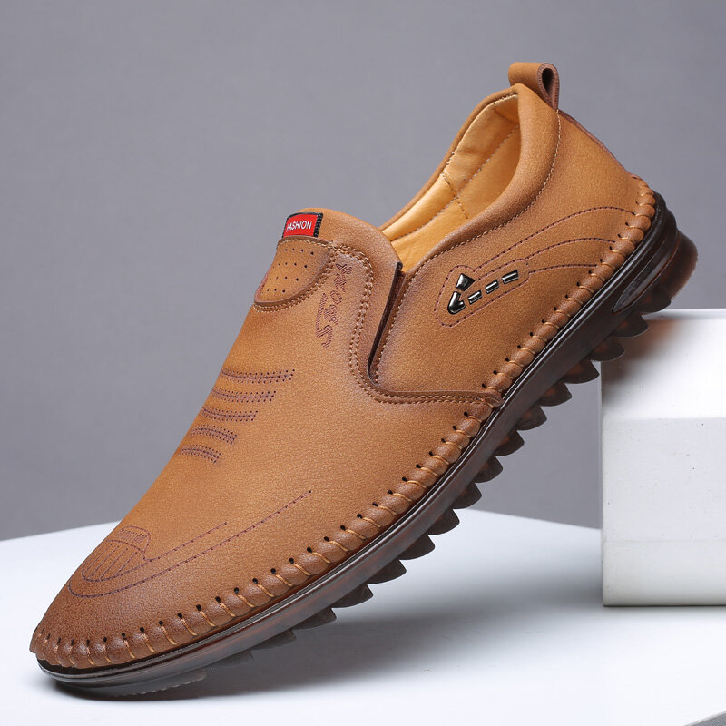 Men Hand Stitching Leather Non Slip Slip On Comfy Shoes 