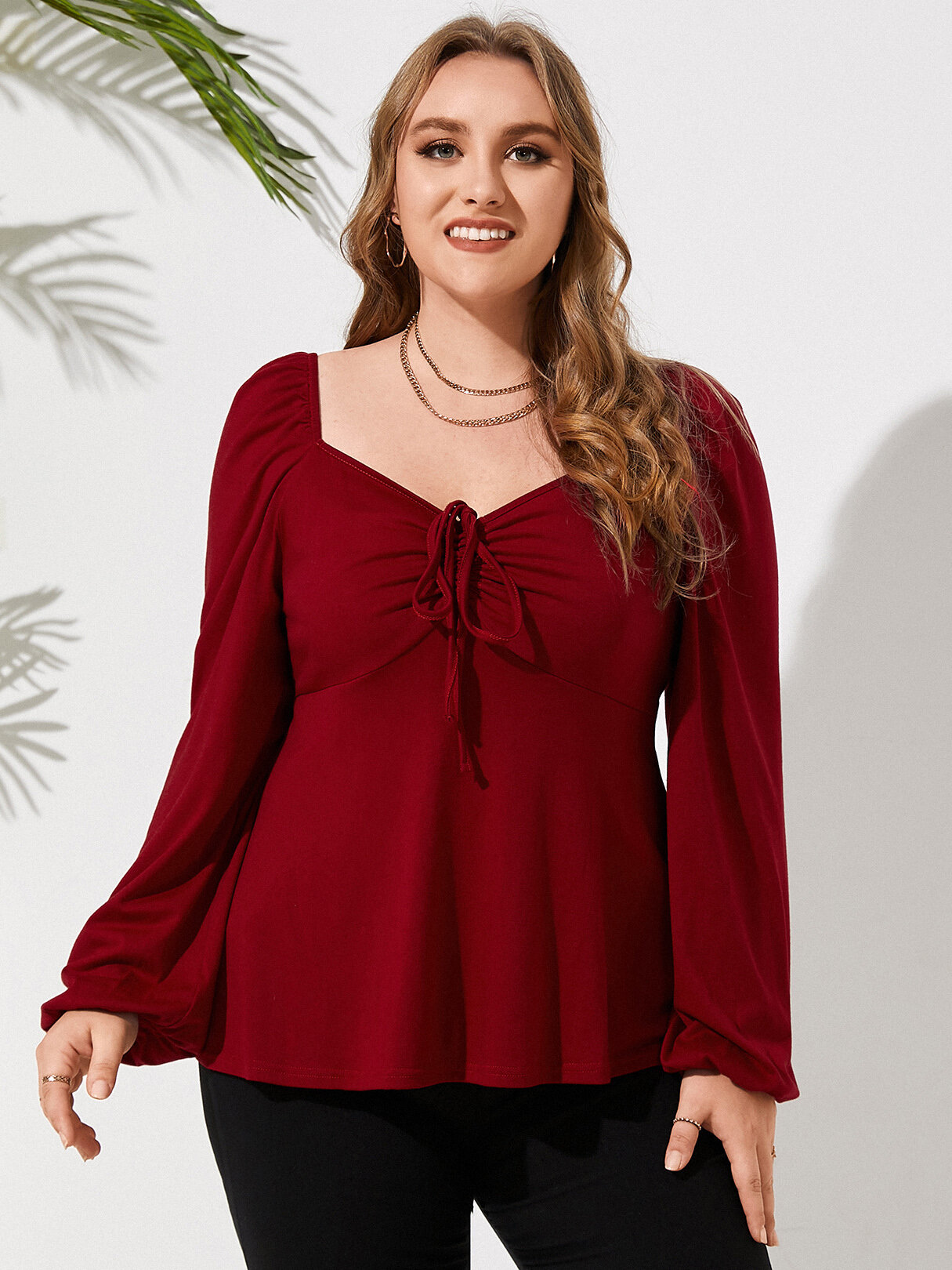 

Plus Size Drawstring Backless Design Long Sleeves Tee, Wine red