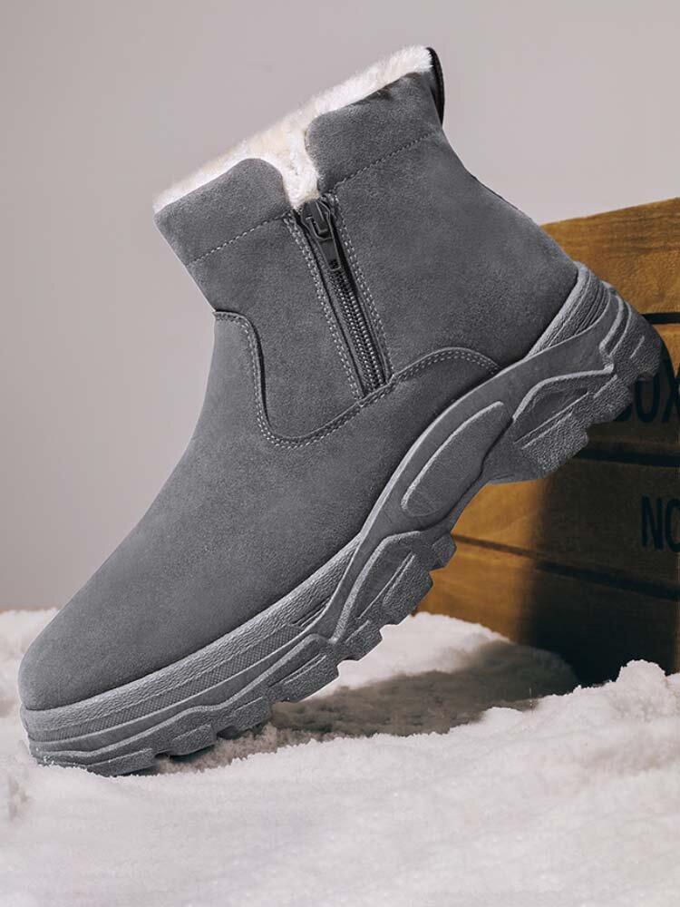 Men Suede Side Zip Hard Wearing Pure Color Warm Lining Casual Boots
