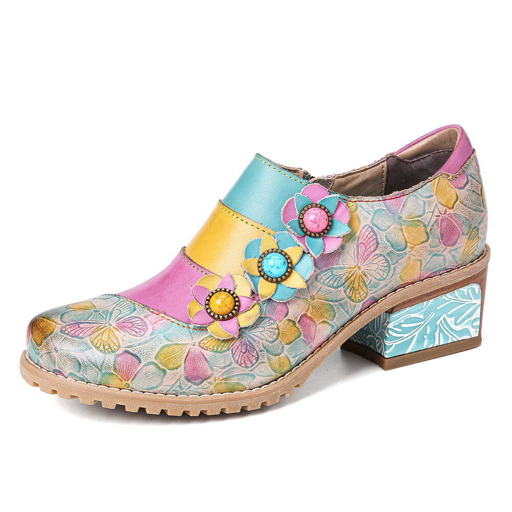 SOCOFY Retro Bloom Polychromatic Embossed Flower Splicing Floral Genuine Leather Pumps
