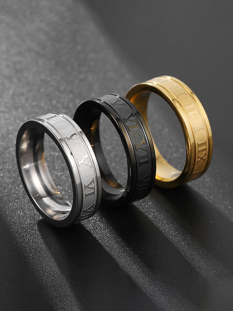 

Trendy Simple Carved Roman Numeral Circle-shaped Stainless Steel Ring, Gold;silver;black
