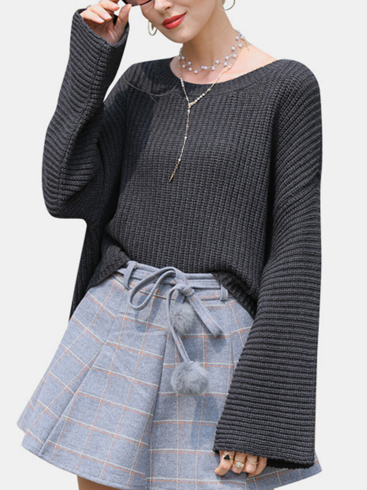 Solid Color O-neck Flare Sleeves Casual Sweater