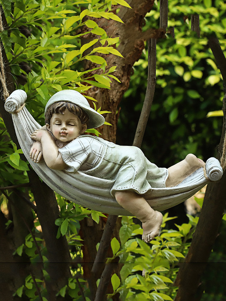 1 PC Creative Cute Resin Lying Boy Casual Girl Statue Garden Hang On Tree Decorative Pendant Indoor Outdoor Decor Ornament