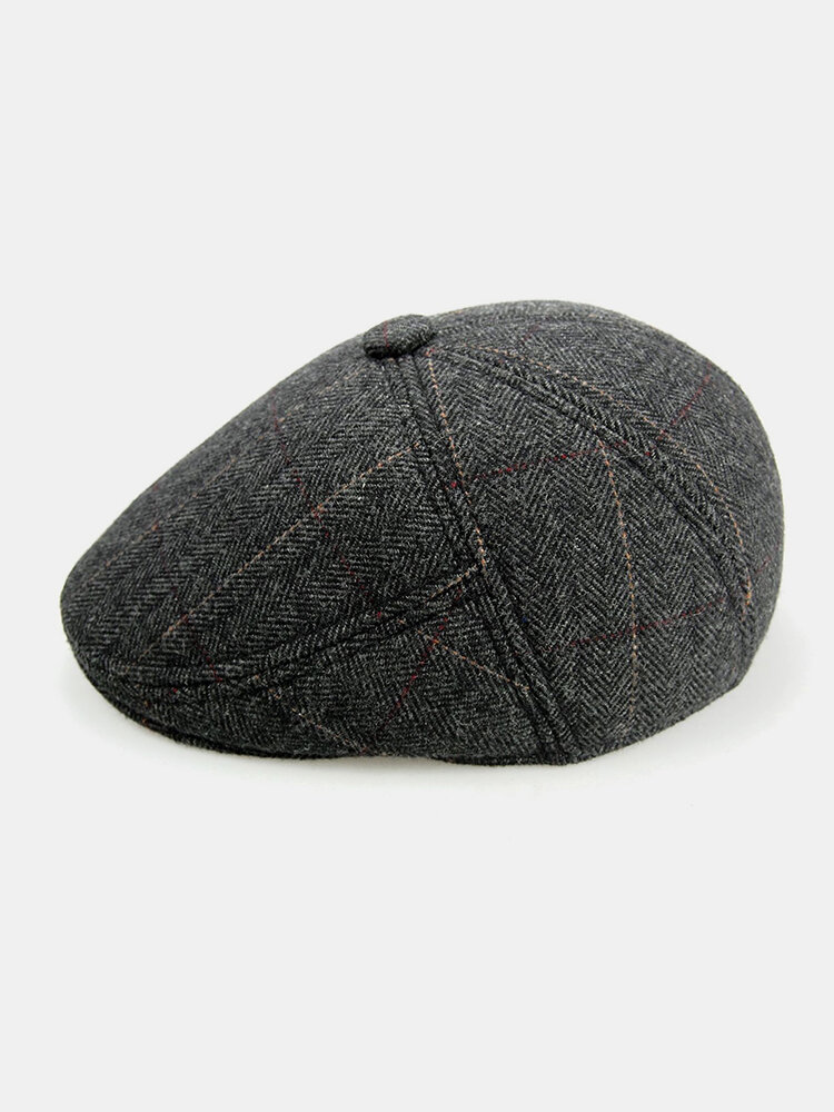 

Men Woolen Felt Plus Velvet Thicken Ear Protection Lattice Pattern Forward Hat Beret Hat Flat Cap