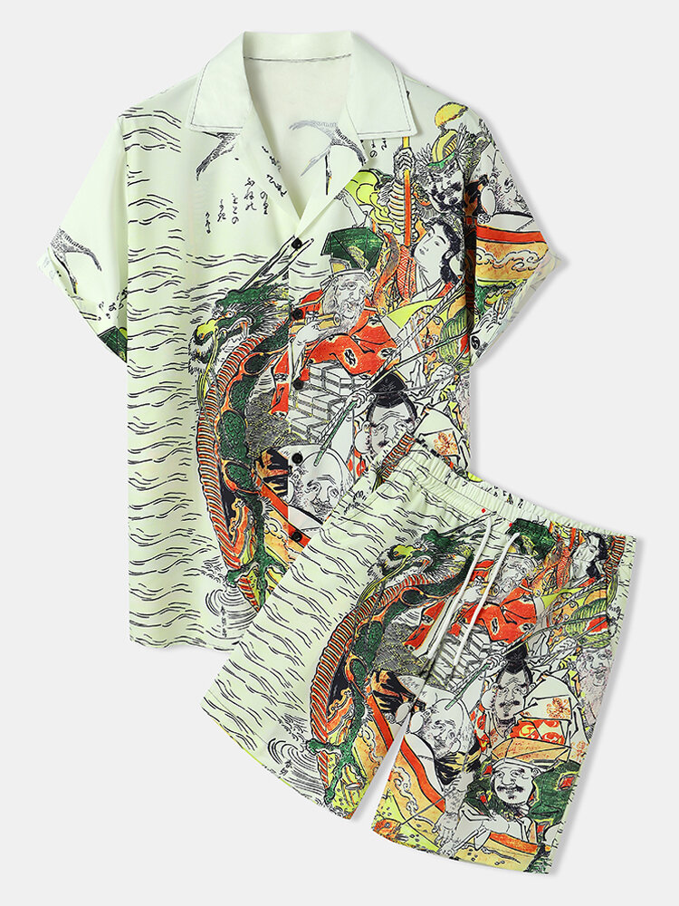 Mens Figure Ukiyoe Print Japanese Style Short Two Pieces Outfits