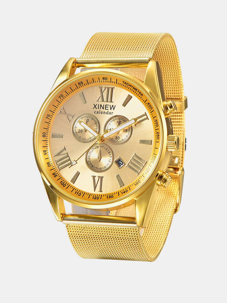 Business Quartz Wristwatch Calendar Round Dial Roman Numerals Stainless Steel Strap Watches for Men