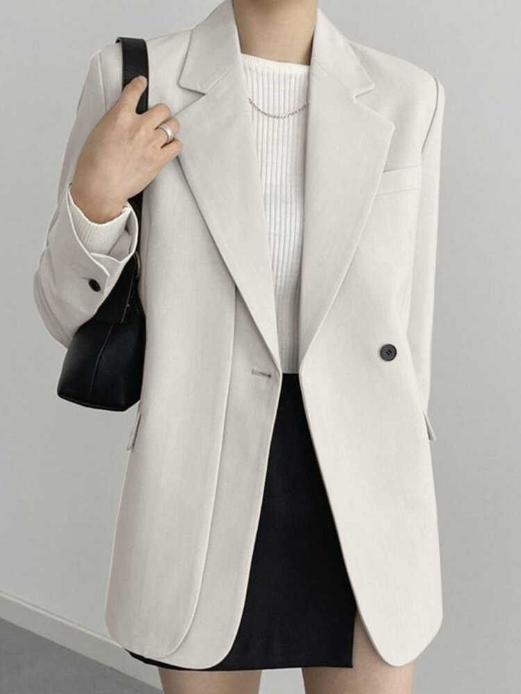 Solid Button Front Long Sleeve Lapel Blazer