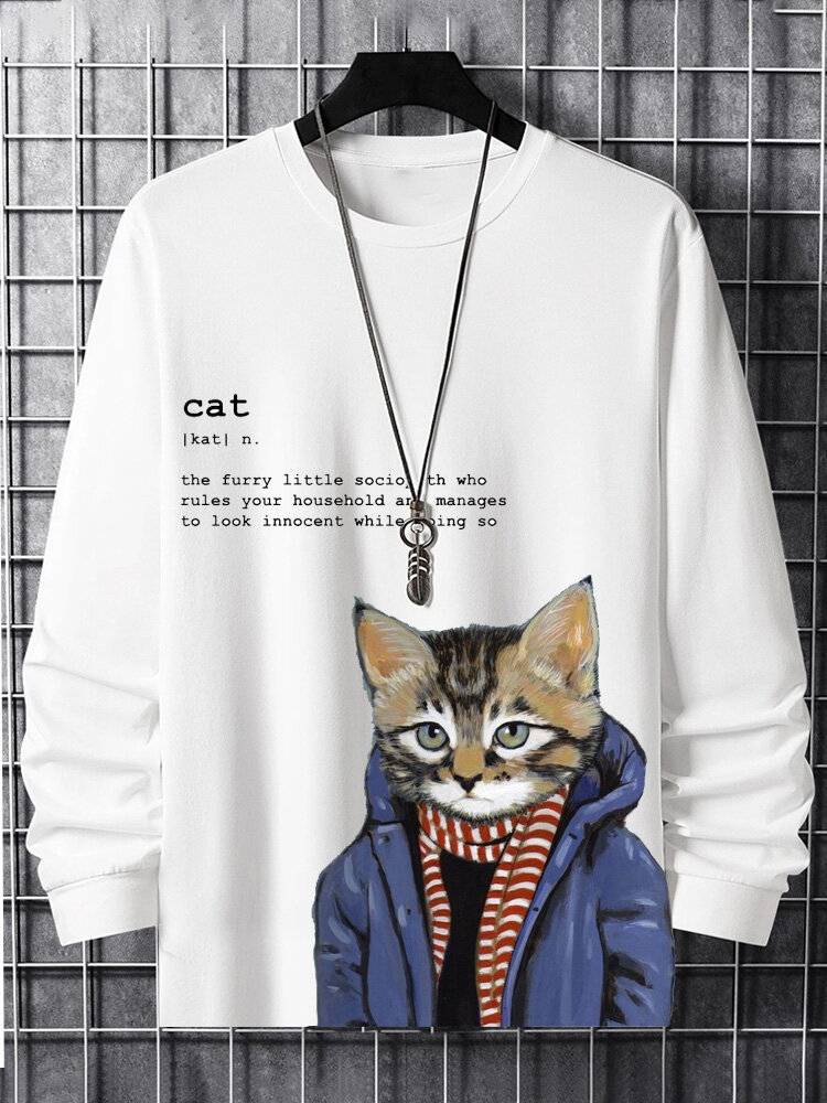 Mens Cartoon Cat Figure Letter Print Crew Neck Long Sleeve T-Shirts Winter