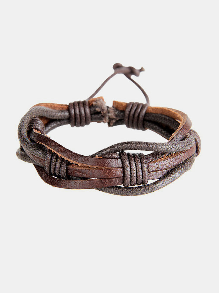 Punk Cuff Bracelets Handmade Waves Coffee Leather Bracelet Ethnic Jewelry for Men