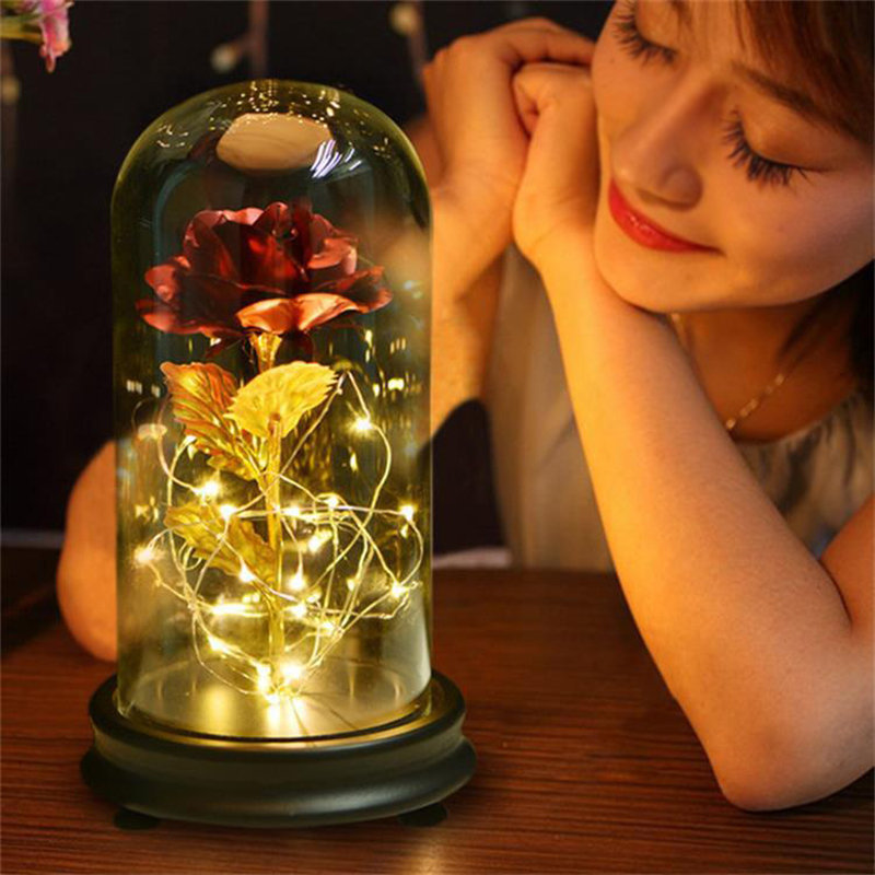 Gold Foil Decoration Flowers Red Golden Eternal Rose with LED Light in Glass Dome Gifts