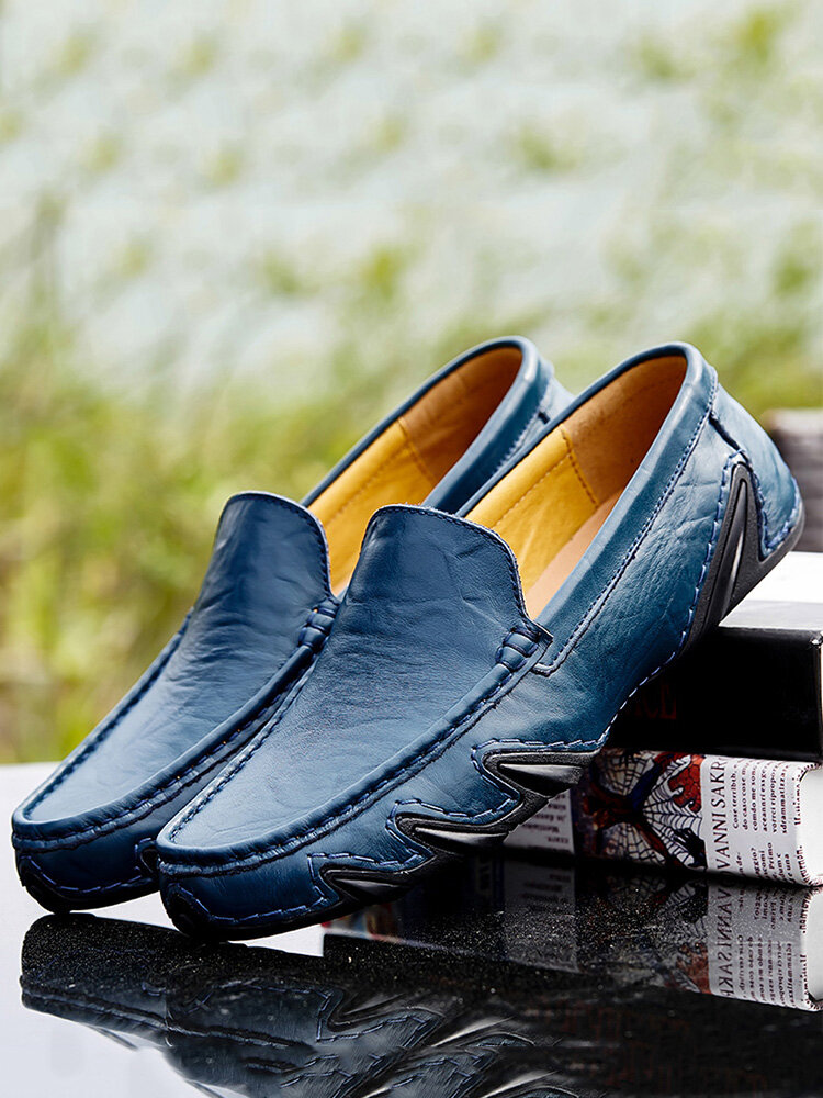 Men Comfort Round Toe Soft Slip On Casual Leather Driving Shoes