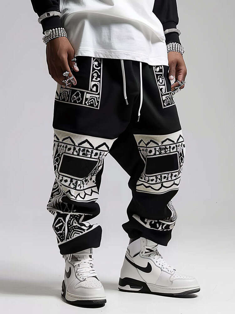 Pantalon ample patchwork à motif géométrique ethnique pour hommes