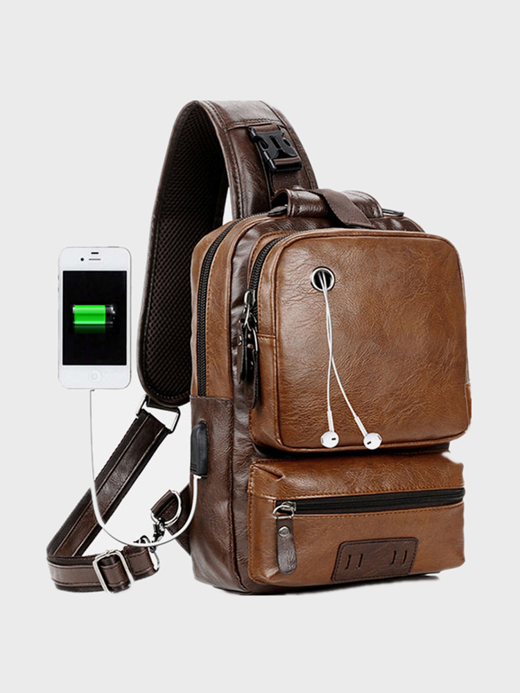 Men Vintage Multifunction PU Leather Earphone Hole USB Charging Crossbody Bag Chest Bag Sling Bag