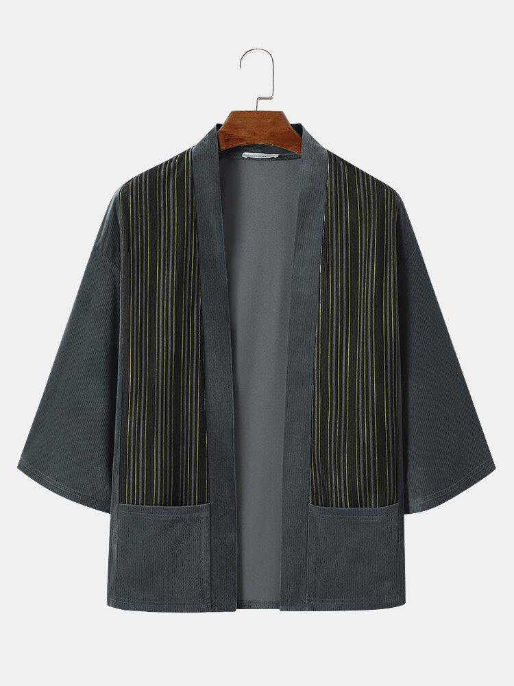 Mens Pinstriped Printed Double Pocket Long Sleeve Kimonos