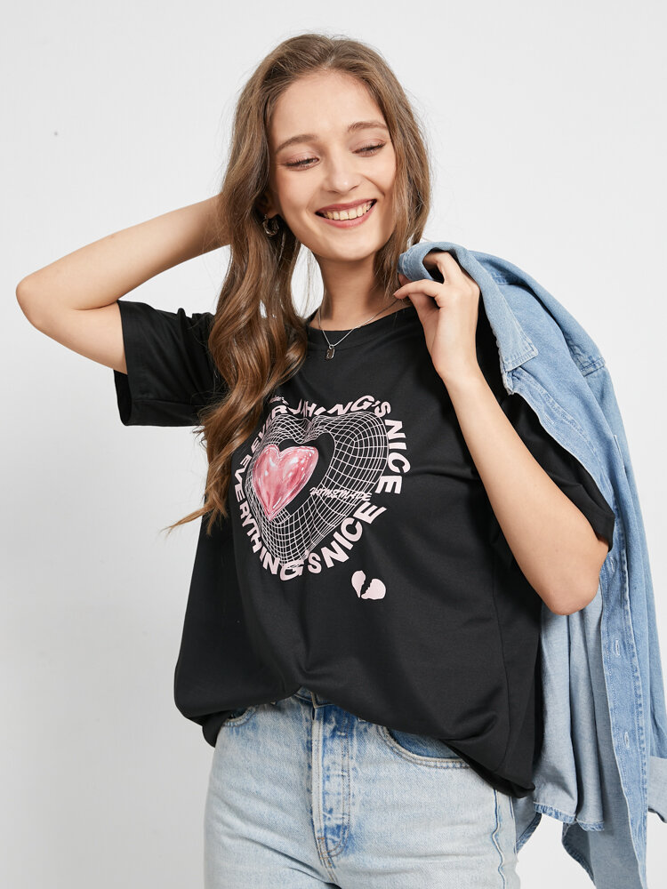 T-shirt de desenho de coração Padrão oversized meia manga e gola redonda