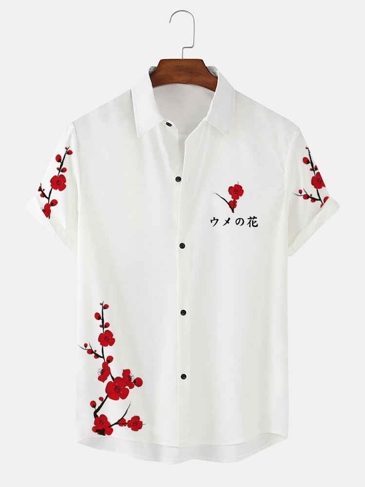 Camisas masculinas Plum Bossom com estampa japonesa de lapela manga curta